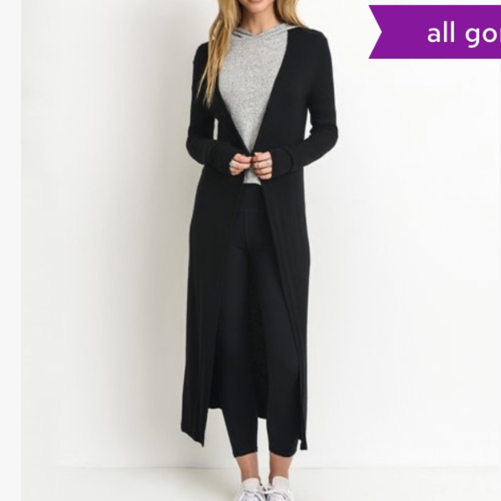 Black textured Black Slit-Accent Duster Cardigan
